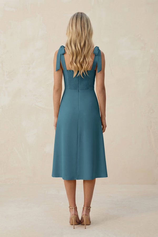 Square Neck A - Line Satin Midi Bridesmaid Dress With Bow in Dark Teal - KissProm Bridesmaid Dresses