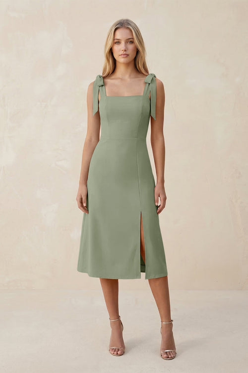Square Neck A - Line Satin Midi Bridesmaid Dress With Bow in Dove Gray - KissProm Bridesmaid Dresses