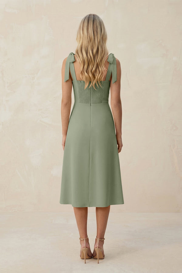 Square Neck A - Line Satin Midi Bridesmaid Dress With Bow in Dove Gray - KissProm Bridesmaid Dresses