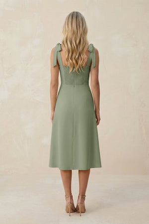 Square Neck A - Line Satin Midi Bridesmaid Dress With Bow in Dove Gray - KissProm Bridesmaid Dresses