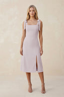 Square Neck A - Line Satin Midi Bridesmaid Dress With Bow in Dusk - KissProm Bridesmaid Dresses