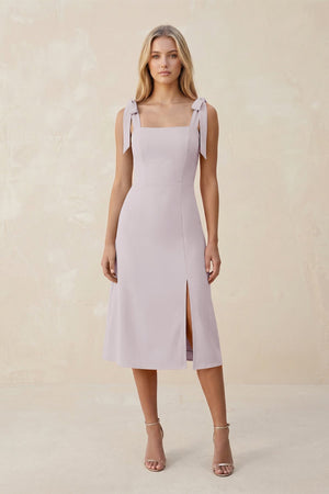 Square Neck A - Line Satin Midi Bridesmaid Dress With Bow in Dusk - KissProm Bridesmaid Dresses