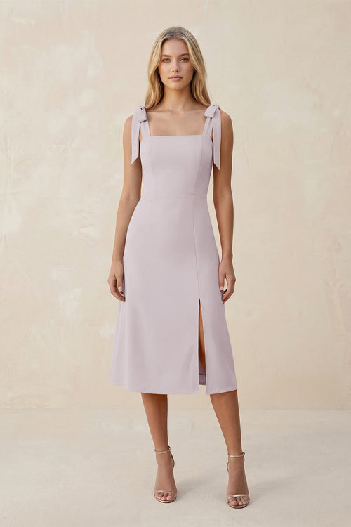 Square Neck A - Line Satin Midi Bridesmaid Dress With Bow in Dusk - KissProm Bridesmaid Dresses