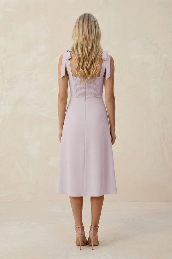 Square Neck A - Line Satin Midi Bridesmaid Dress With Bow in Dusk - KissProm Bridesmaid Dresses