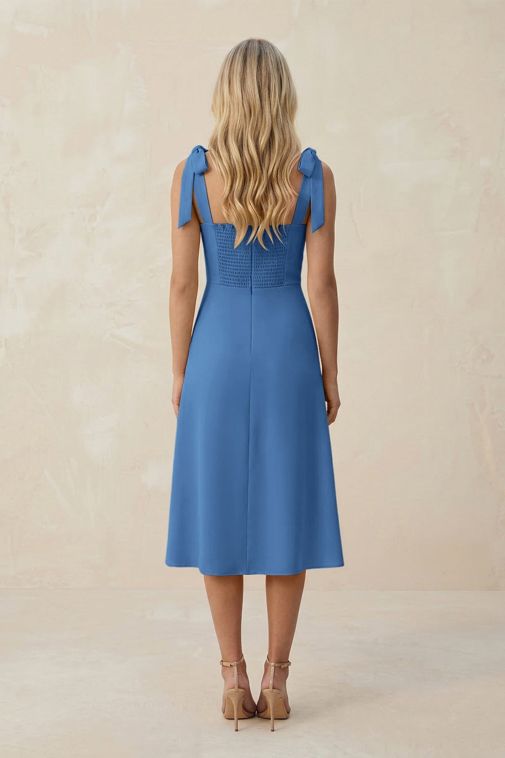 Square Neck A - Line Satin Midi Bridesmaid Dress With Bow in Dusty Blue - KissProm Bridesmaid Dresses