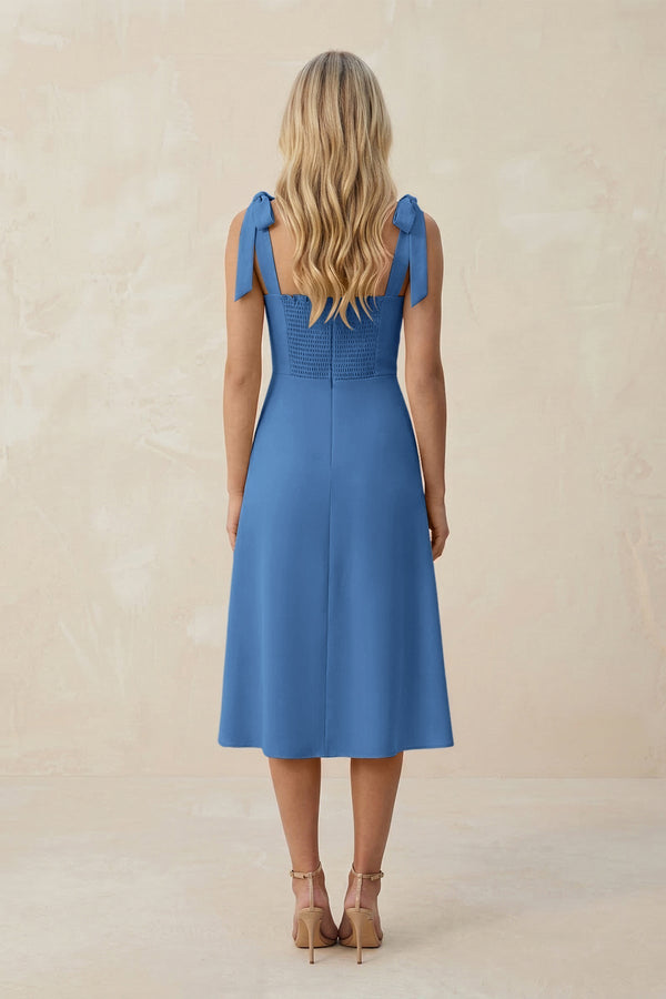 Square Neck A - Line Satin Midi Bridesmaid Dress With Bow in Dusty Blue - KissProm Bridesmaid Dresses