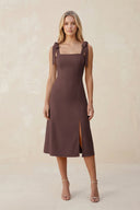 Square Neck A - Line Satin Midi Bridesmaid Dress With Bow in Espresso - KissProm Bridesmaid Dresses