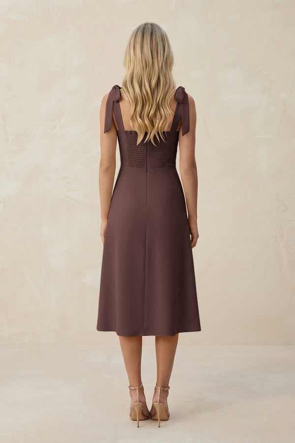 Square Neck A - Line Satin Midi Bridesmaid Dress With Bow in Espresso - KissProm Bridesmaid Dresses