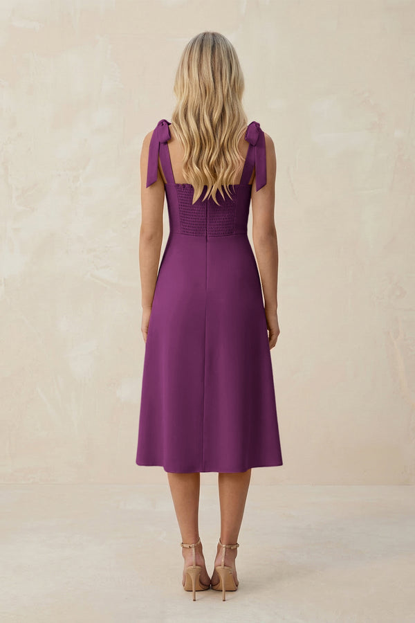 Square Neck A - Line Satin Midi Bridesmaid Dress With Bow in Fig - KissProm Bridesmaid Dresses