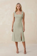 Square Neck A - Line Satin Midi Bridesmaid Dress With Bow in Frost - KissProm Bridesmaid Dresses