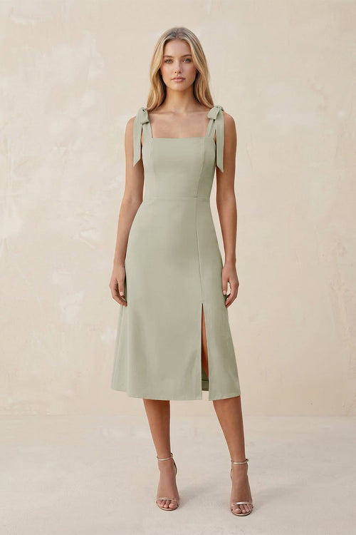 Square Neck A - Line Satin Midi Bridesmaid Dress With Bow in Frost - KissProm Bridesmaid Dresses
