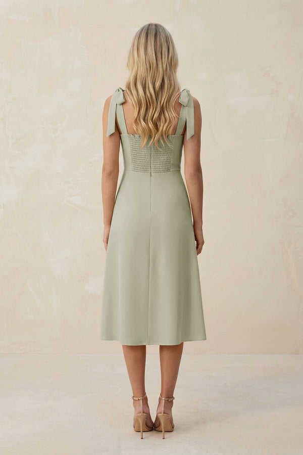 Square Neck A - Line Satin Midi Bridesmaid Dress With Bow in Frost - KissProm Bridesmaid Dresses