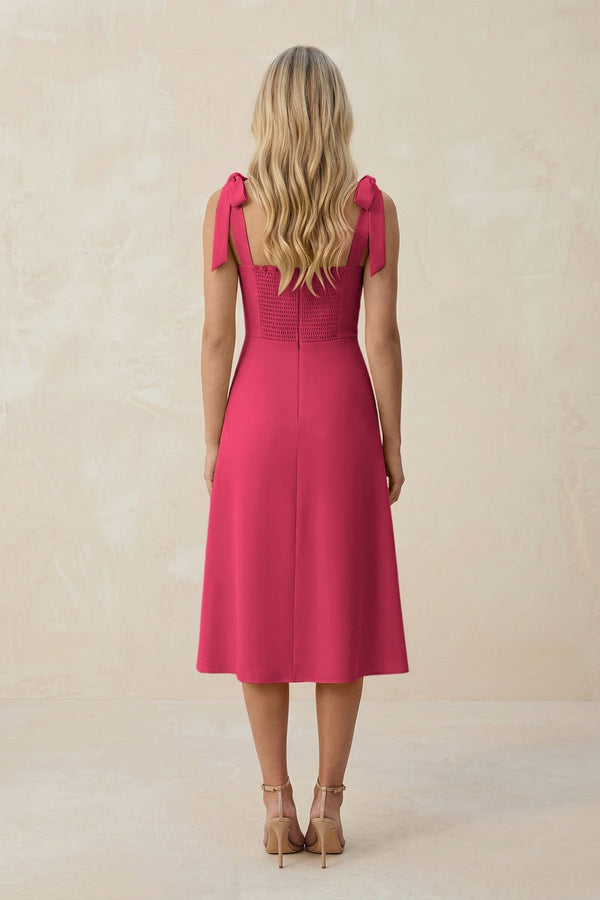 Square Neck A - Line Satin Midi Bridesmaid Dress With Bow in Fuchsia - KissProm Bridesmaid Dresses