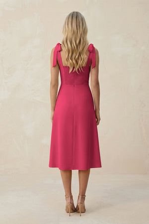 Square Neck A - Line Satin Midi Bridesmaid Dress With Bow in Fuchsia - KissProm Bridesmaid Dresses
