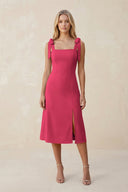 Square Neck A - Line Satin Midi Bridesmaid Dress With Bow in Fuchsia - KissProm Bridesmaid Dresses