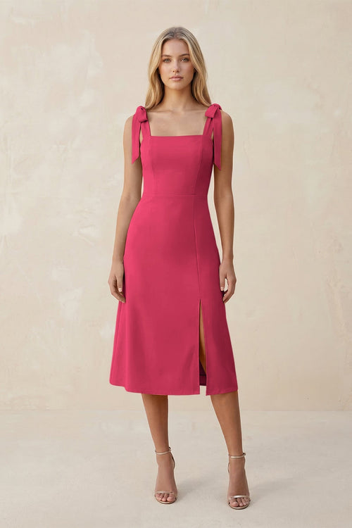 Square Neck A - Line Satin Midi Bridesmaid Dress With Bow in Fuchsia - KissProm Bridesmaid Dresses