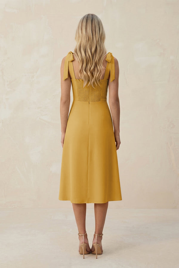 Square Neck A - Line Satin Midi Bridesmaid Dress With Bow in Gold - KissProm Bridesmaid Dresses