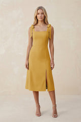Square Neck A - Line Satin Midi Bridesmaid Dress With Bow in Gold - KissProm Bridesmaid Dresses