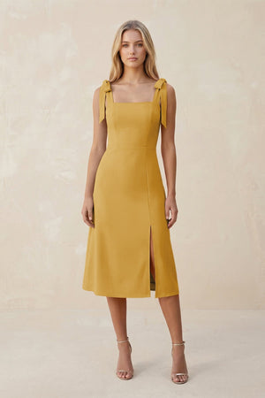 Square Neck A - Line Satin Midi Bridesmaid Dress With Bow in Gold - KissProm Bridesmaid Dresses