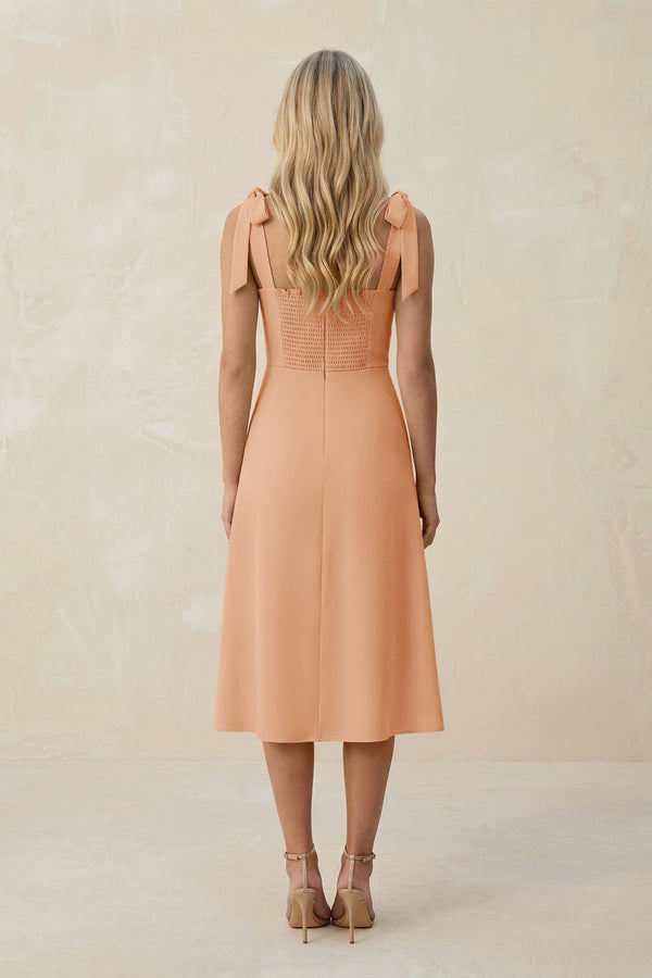 Square Neck A - Line Satin Midi Bridesmaid Dress With Bow in Golden Champagne - KissProm Bridesmaid Dresses
