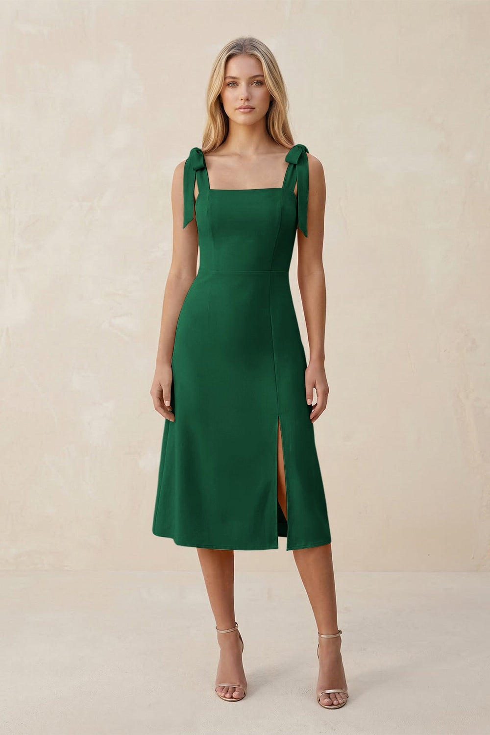 Square Neck A - Line Satin Midi Bridesmaid Dress With Bow in Green - KissProm Bridesmaid Dresses
