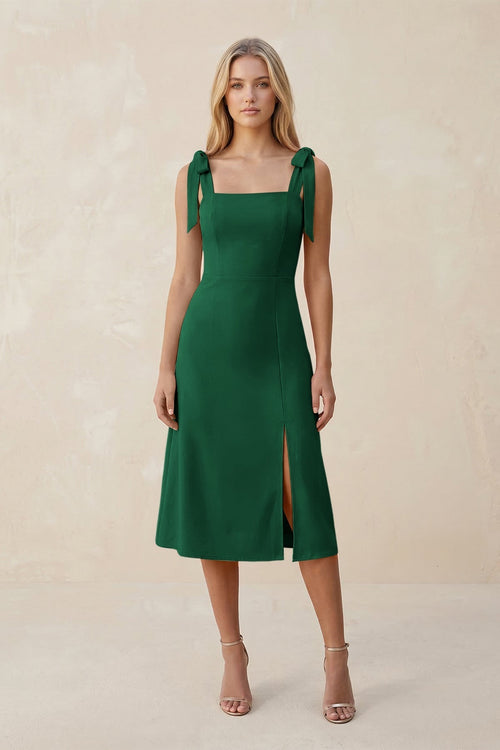 Square Neck A - Line Satin Midi Bridesmaid Dress With Bow in Green - KissProm Bridesmaid Dresses