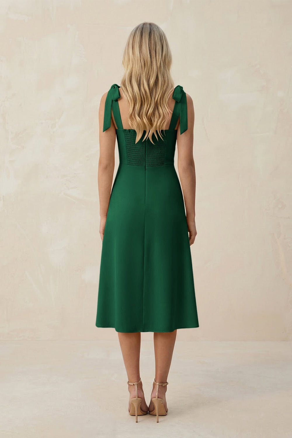 Square Neck A - Line Satin Midi Bridesmaid Dress With Bow in Green - KissProm Bridesmaid Dresses