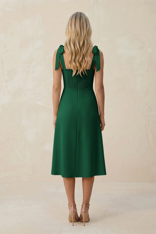 Square Neck A - Line Satin Midi Bridesmaid Dress With Bow in Green - KissProm Bridesmaid Dresses