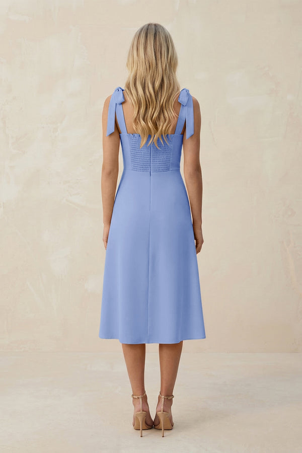 Square Neck A - Line Satin Midi Bridesmaid Dress With Bow in Ice - KissProm Bridesmaid Dresses