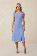 Square Neck A - Line Satin Midi Bridesmaid Dress With Bow in Ice - KissProm Bridesmaid Dresses