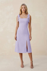 Square Neck A - Line Satin Midi Bridesmaid Dress With Bow in Lavender - KissProm Bridesmaid Dresses