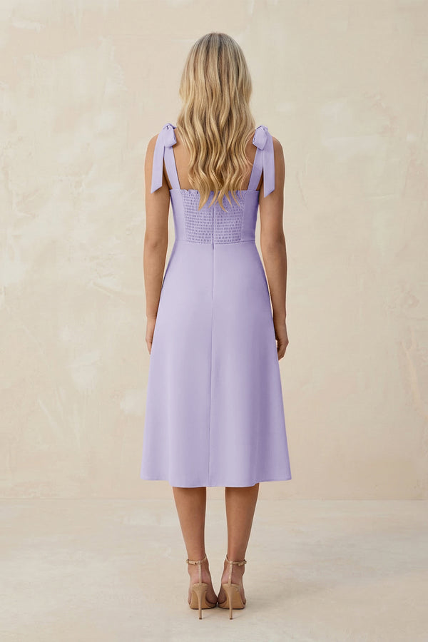 Square Neck A - Line Satin Midi Bridesmaid Dress With Bow in Lavender - KissProm Bridesmaid Dresses