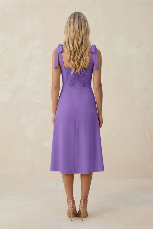 Square Neck A - Line Satin Midi Bridesmaid Dress With Bow in Lilac - KissProm Bridesmaid Dresses