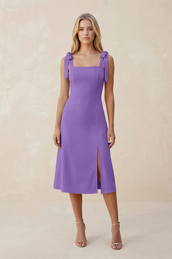 Square Neck A - Line Satin Midi Bridesmaid Dress With Bow in Lilac - KissProm Bridesmaid Dresses