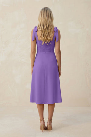 Square Neck A - Line Satin Midi Bridesmaid Dress With Bow in Lilac - KissProm Bridesmaid Dresses