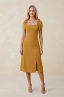 Square Neck A - Line Satin Midi Bridesmaid Dress With Bow in Marigold - KissProm Bridesmaid Dresses