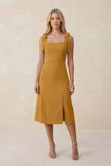 Square Neck A - Line Satin Midi Bridesmaid Dress With Bow in Marigold - KissProm Bridesmaid Dresses