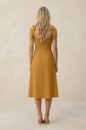 Square Neck A - Line Satin Midi Bridesmaid Dress With Bow in Marigold - KissProm Bridesmaid Dresses