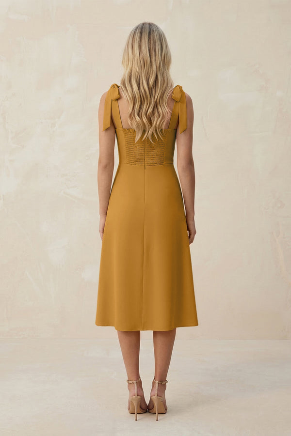 Square Neck A - Line Satin Midi Bridesmaid Dress With Bow in Marigold - KissProm Bridesmaid Dresses
