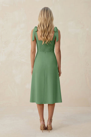 Square Neck A - Line Satin Midi Bridesmaid Dress With Bow in Matcha - KissProm Bridesmaid Dresses