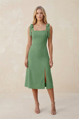 Square Neck A - Line Satin Midi Bridesmaid Dress With Bow in Matcha - KissProm Bridesmaid Dresses