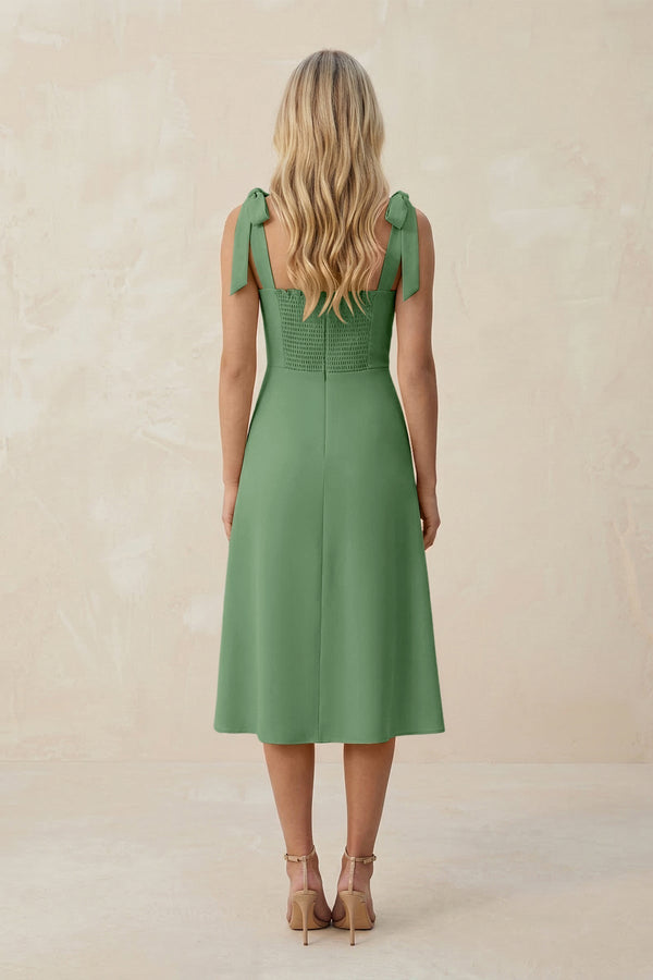 Square Neck A - Line Satin Midi Bridesmaid Dress With Bow in Matcha - KissProm Bridesmaid Dresses