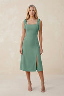 Square Neck A - Line Satin Midi Bridesmaid Dress With Bow in Mint Green - KissProm Bridesmaid Dresses
