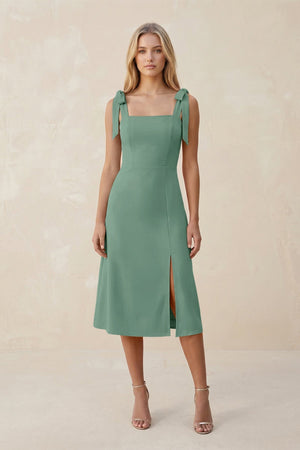 Square Neck A - Line Satin Midi Bridesmaid Dress With Bow in Mint Green - KissProm Bridesmaid Dresses