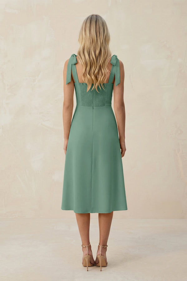 Square Neck A - Line Satin Midi Bridesmaid Dress With Bow in Mint Green - KissProm Bridesmaid Dresses
