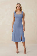 Square Neck A - Line Satin Midi Bridesmaid Dress With Bow in Mist - KissProm Bridesmaid Dresses