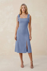 Square Neck A - Line Satin Midi Bridesmaid Dress With Bow in Mist - KissProm Bridesmaid Dresses
