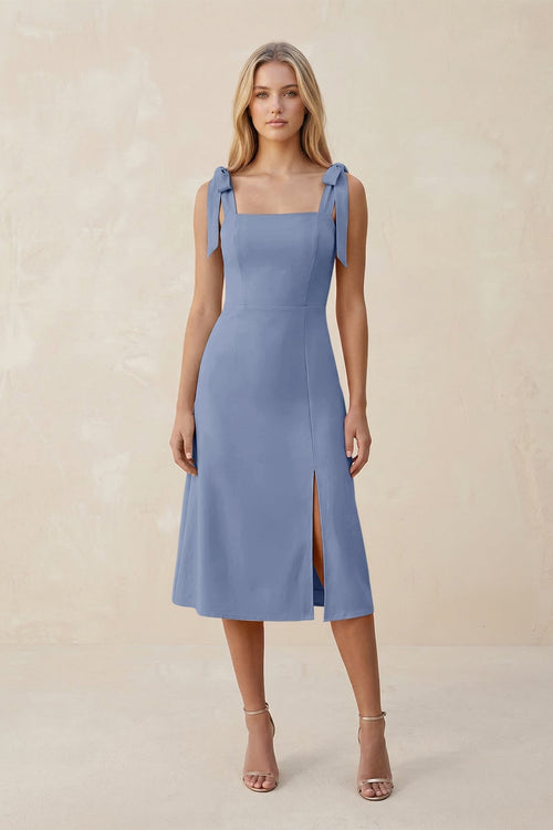 Square Neck A - Line Satin Midi Bridesmaid Dress With Bow in Mist - KissProm Bridesmaid Dresses