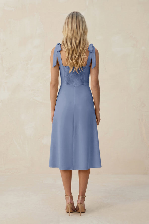 Square Neck A - Line Satin Midi Bridesmaid Dress With Bow in Mist - KissProm Bridesmaid Dresses