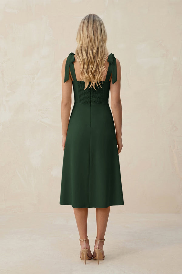 Square Neck A - Line Satin Midi Bridesmaid Dress With Bow in Moss - KissProm Bridesmaid Dresses
